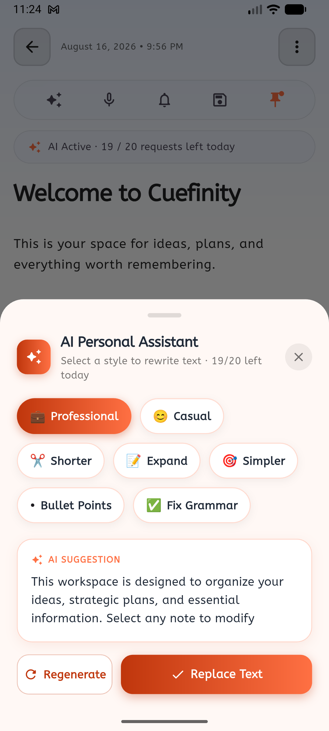 Cuefinity writing help screen