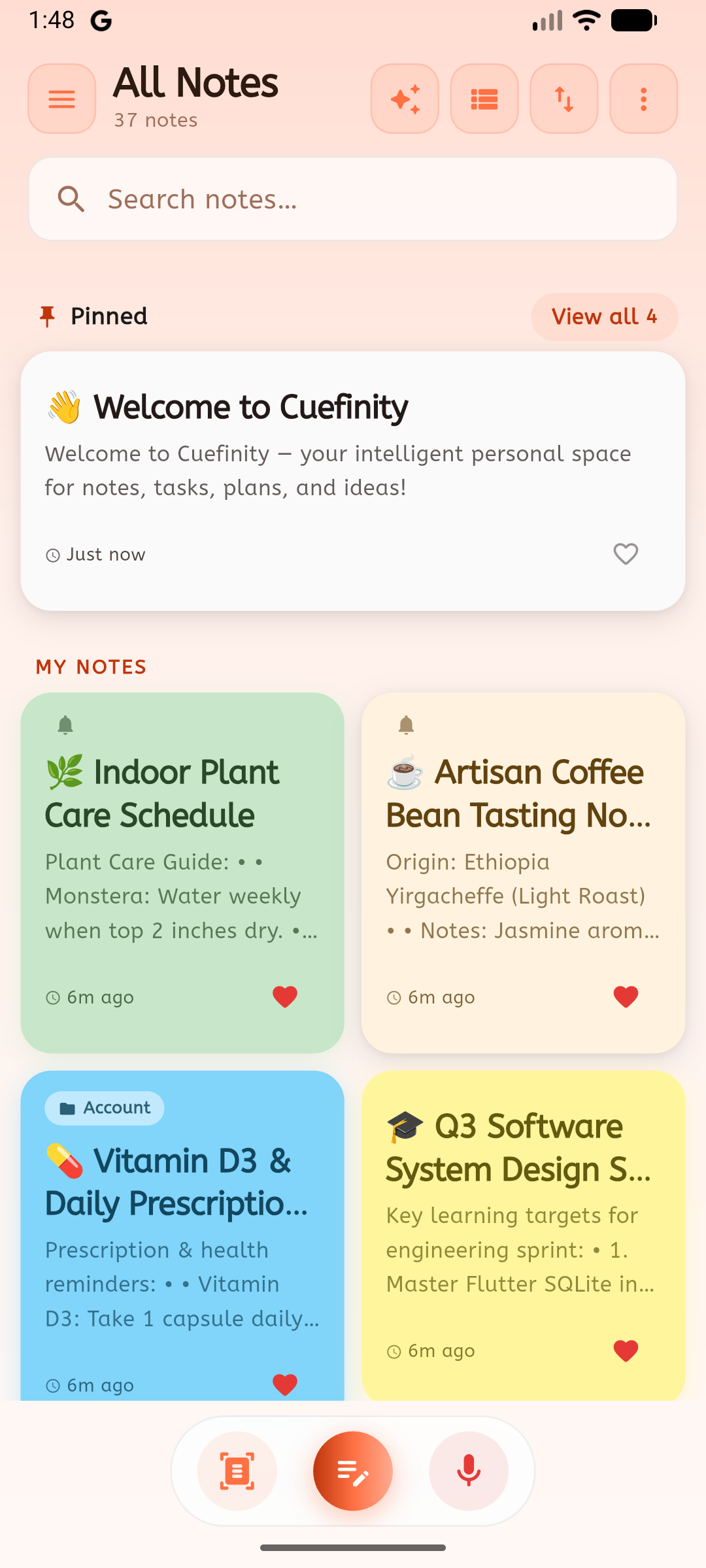 Cuefinity notes home screen