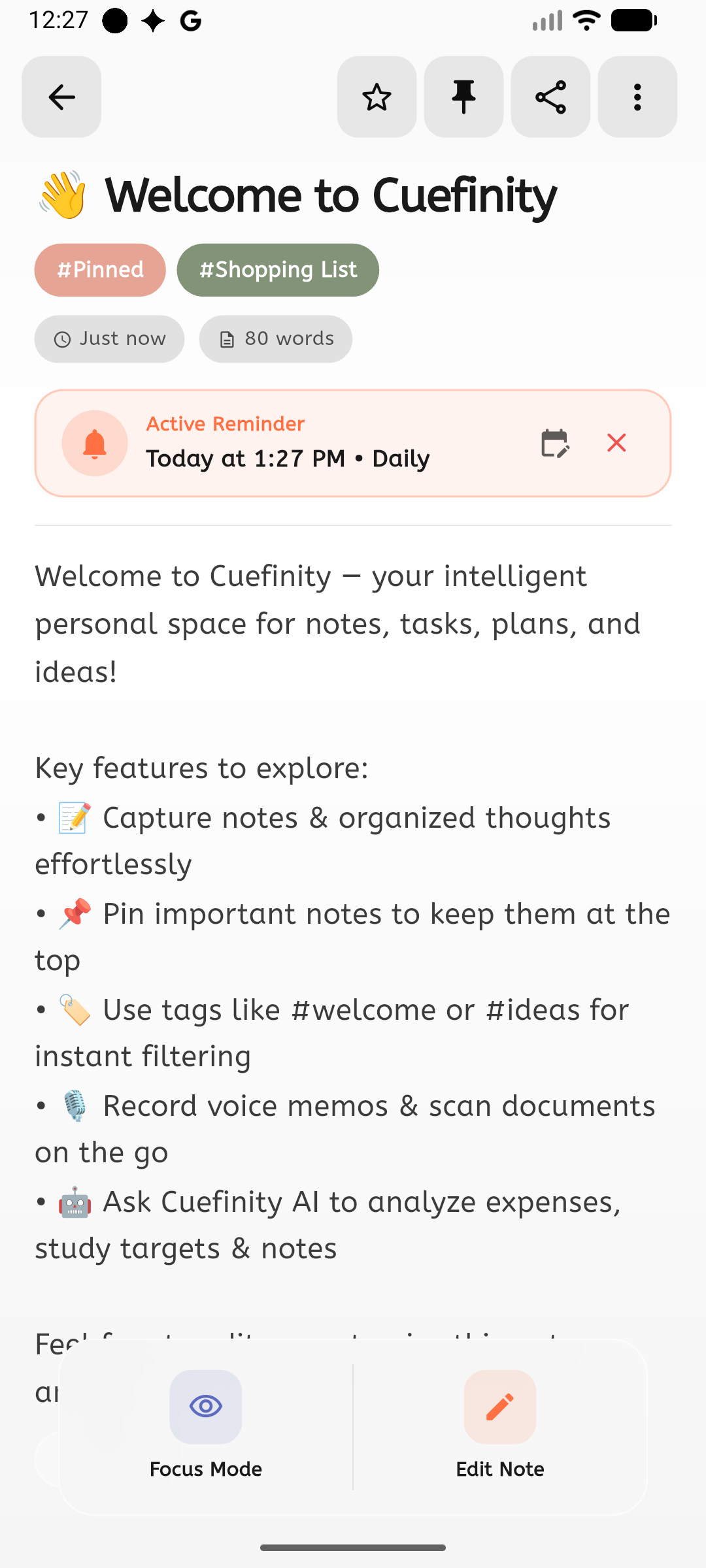 Cuefinity note detail screen