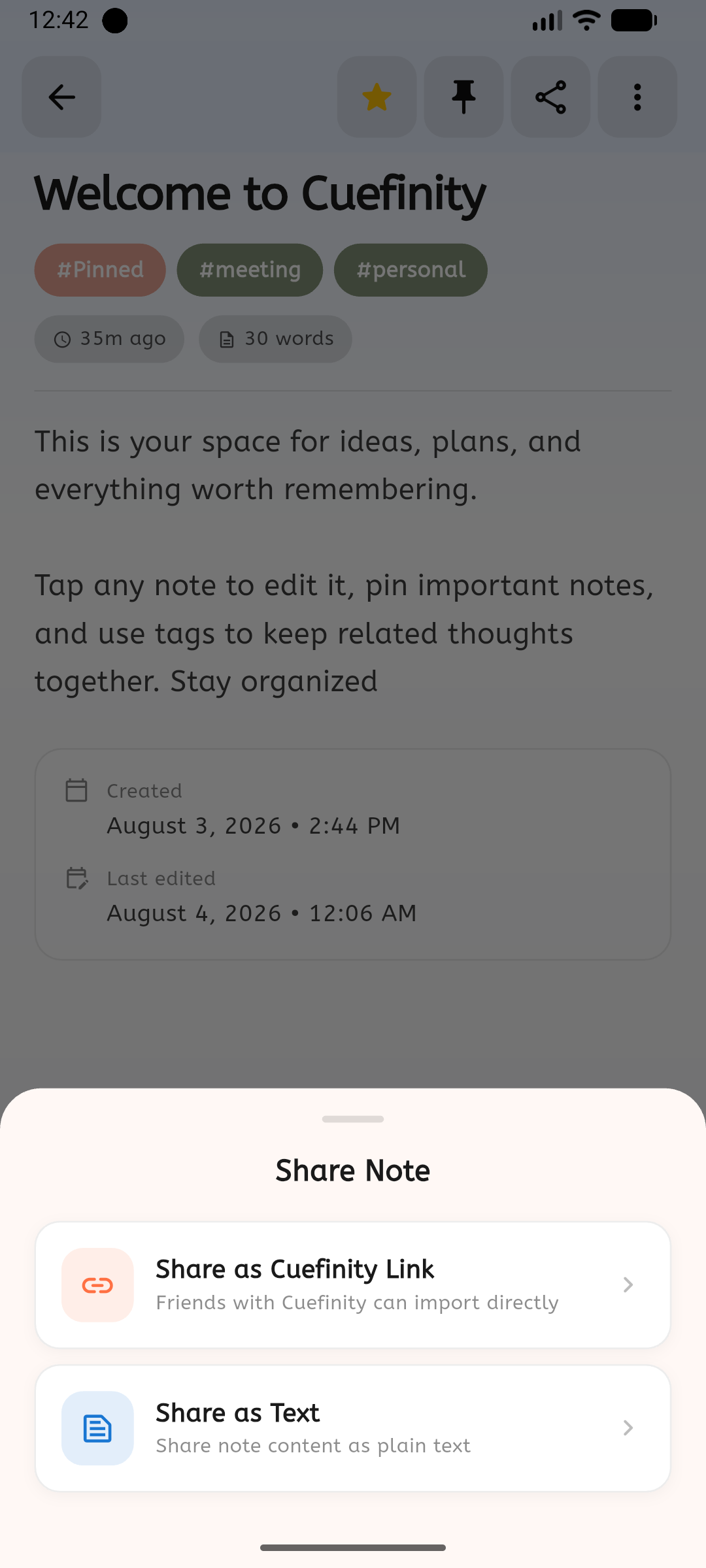 Cuefinity note sharing screen