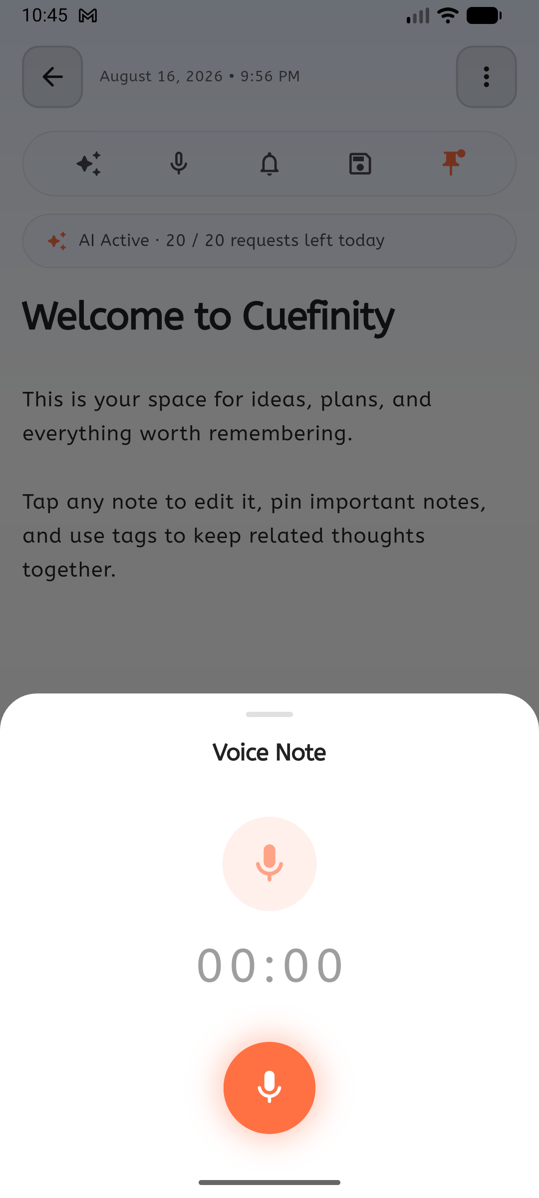 Voice note recorder sheet with a live timer